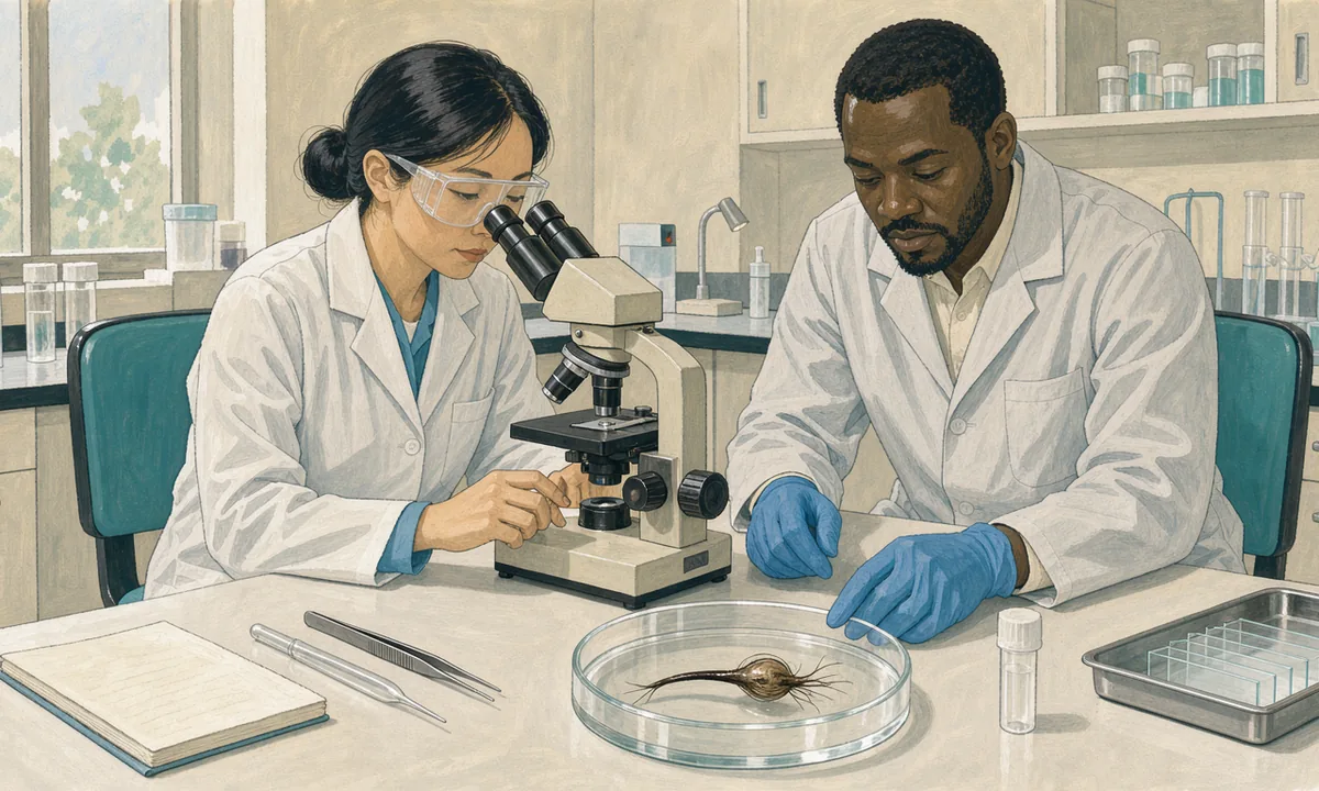 Two illustrated laboratory technicians examine a long hair follicle specimen through a microscope