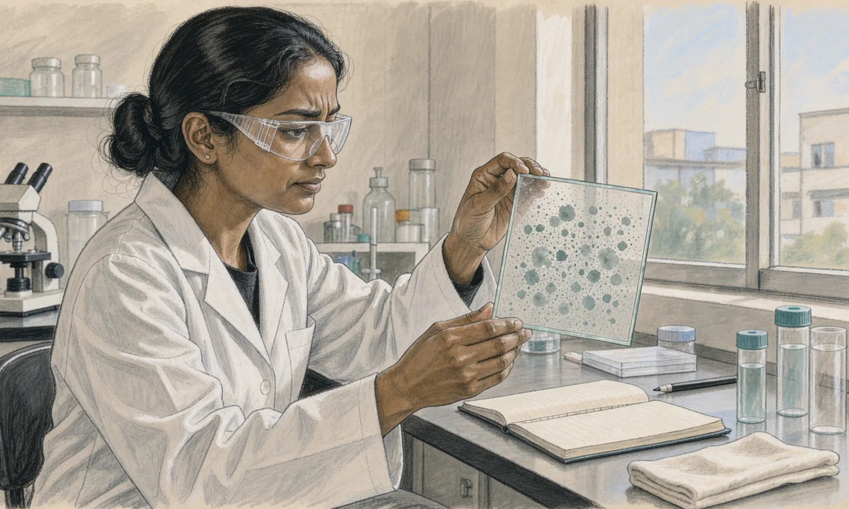 An illustrated analyst examines a speckled glass assay slide in daylight beside a microscope