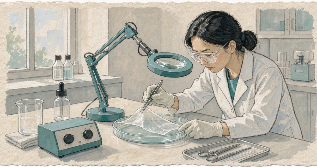 An illustrated laboratory worker inspecting a pale membrane beneath a magnifying lamp
