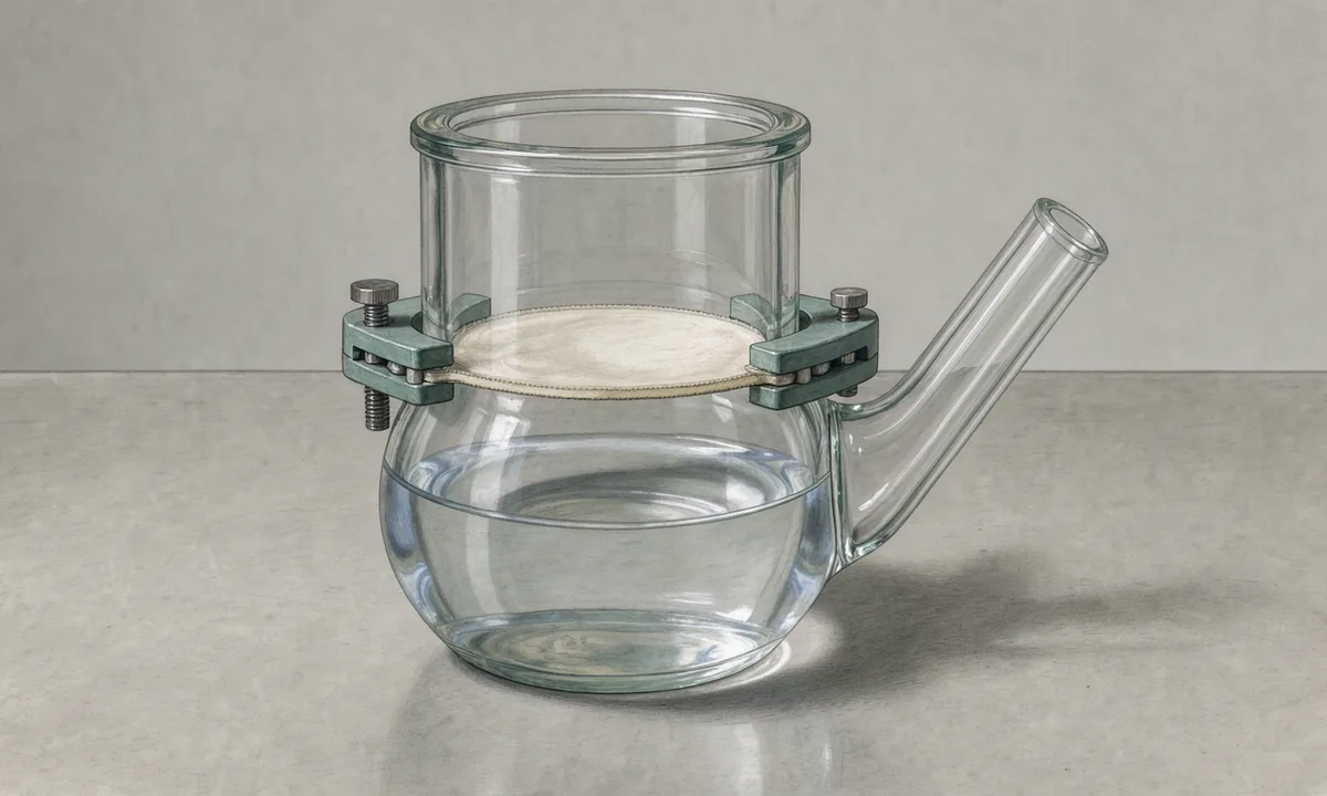 A cutaway illustration of a glass diffusion cell with a thin membrane clamped between its chambers
