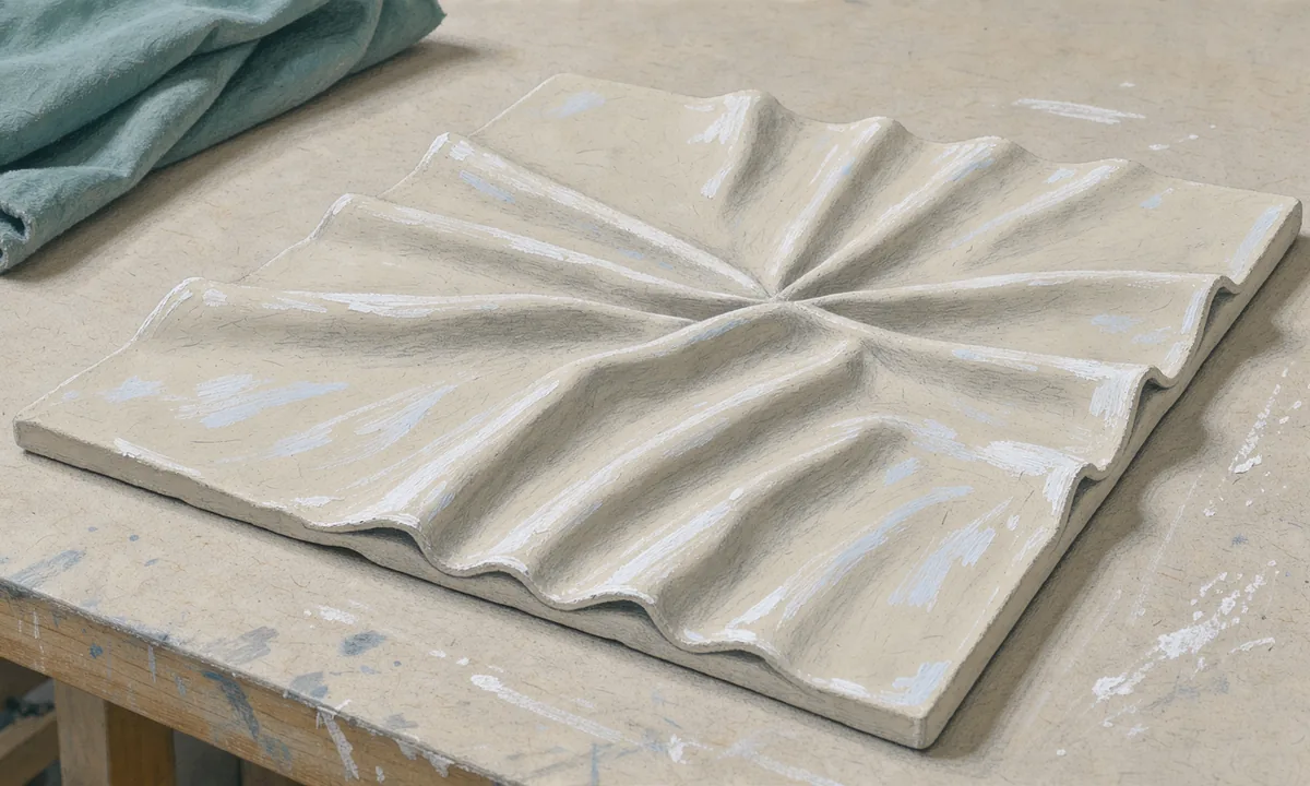Raking daylight reveals fine creases across a single pale clay relief